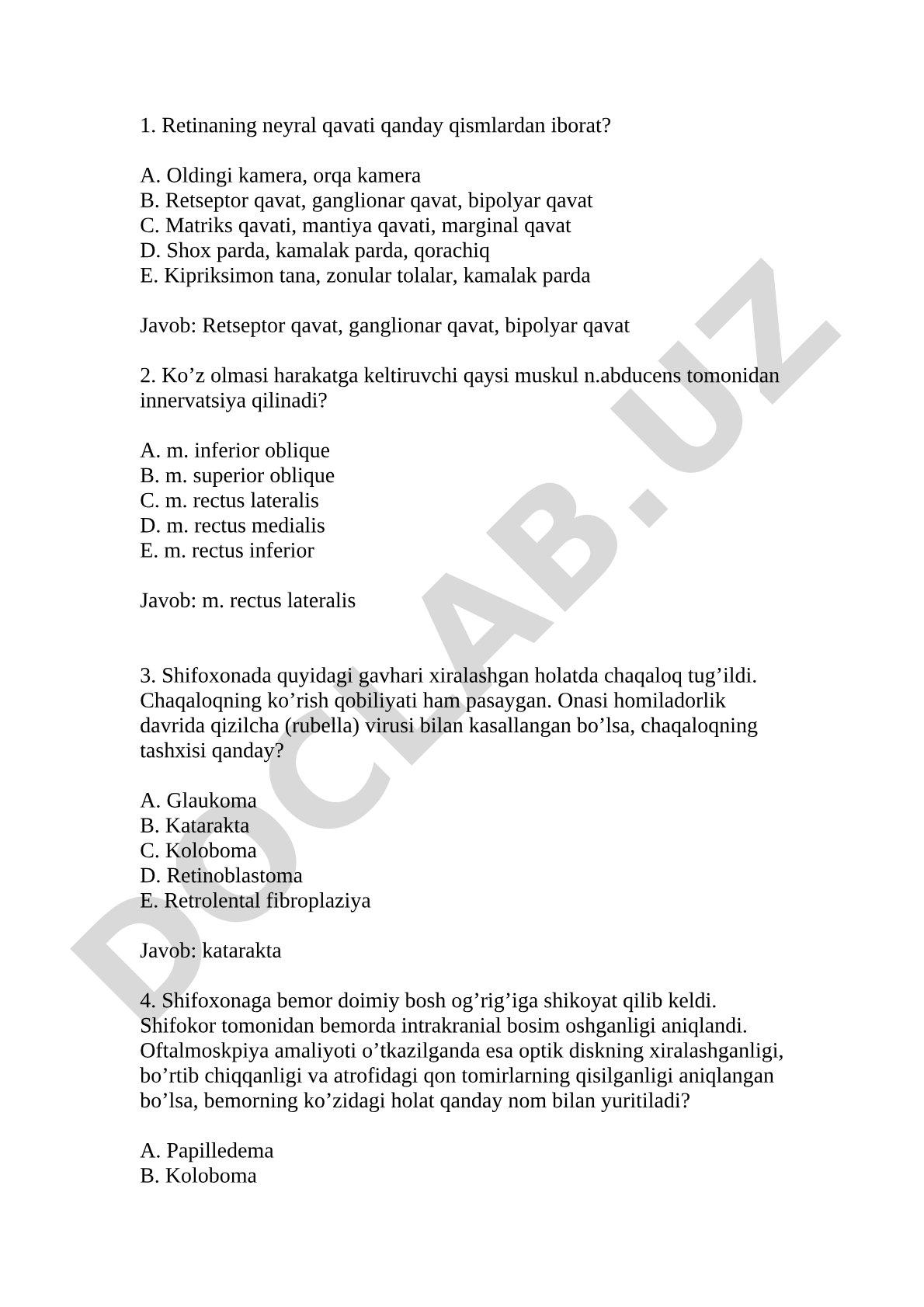 Oftalmologiya test savollari