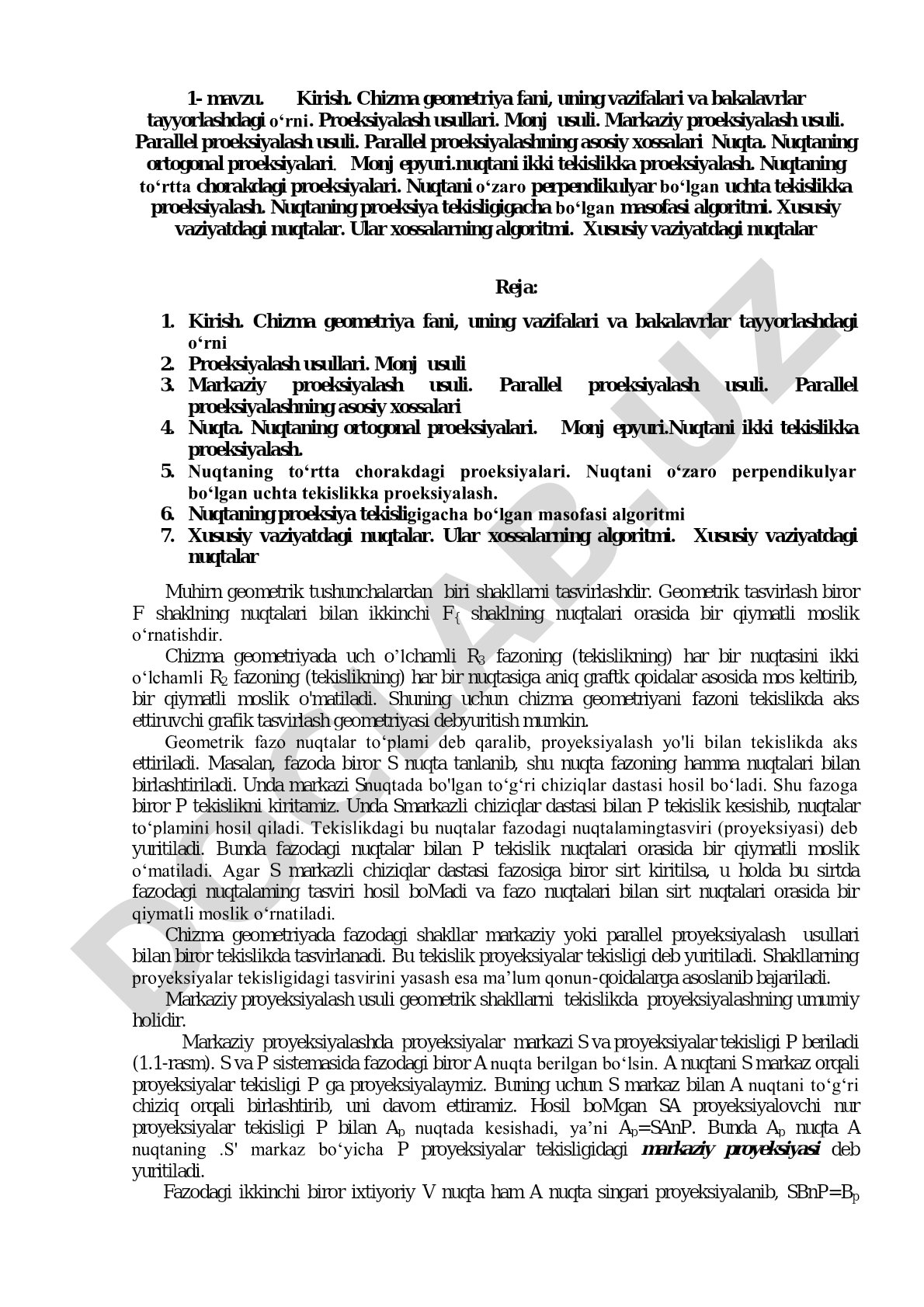 Chizma geometriya faniga kirish va proeksiyalash usullari