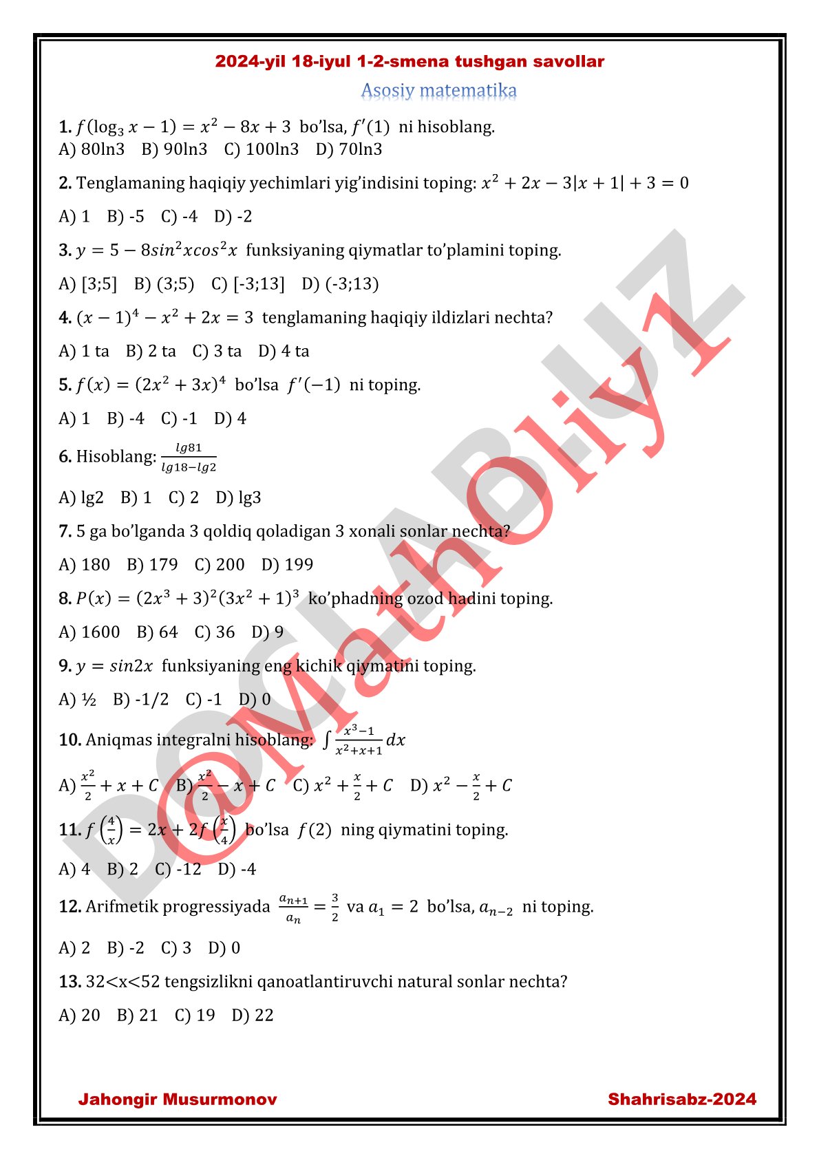 Matematika savollari to'plami