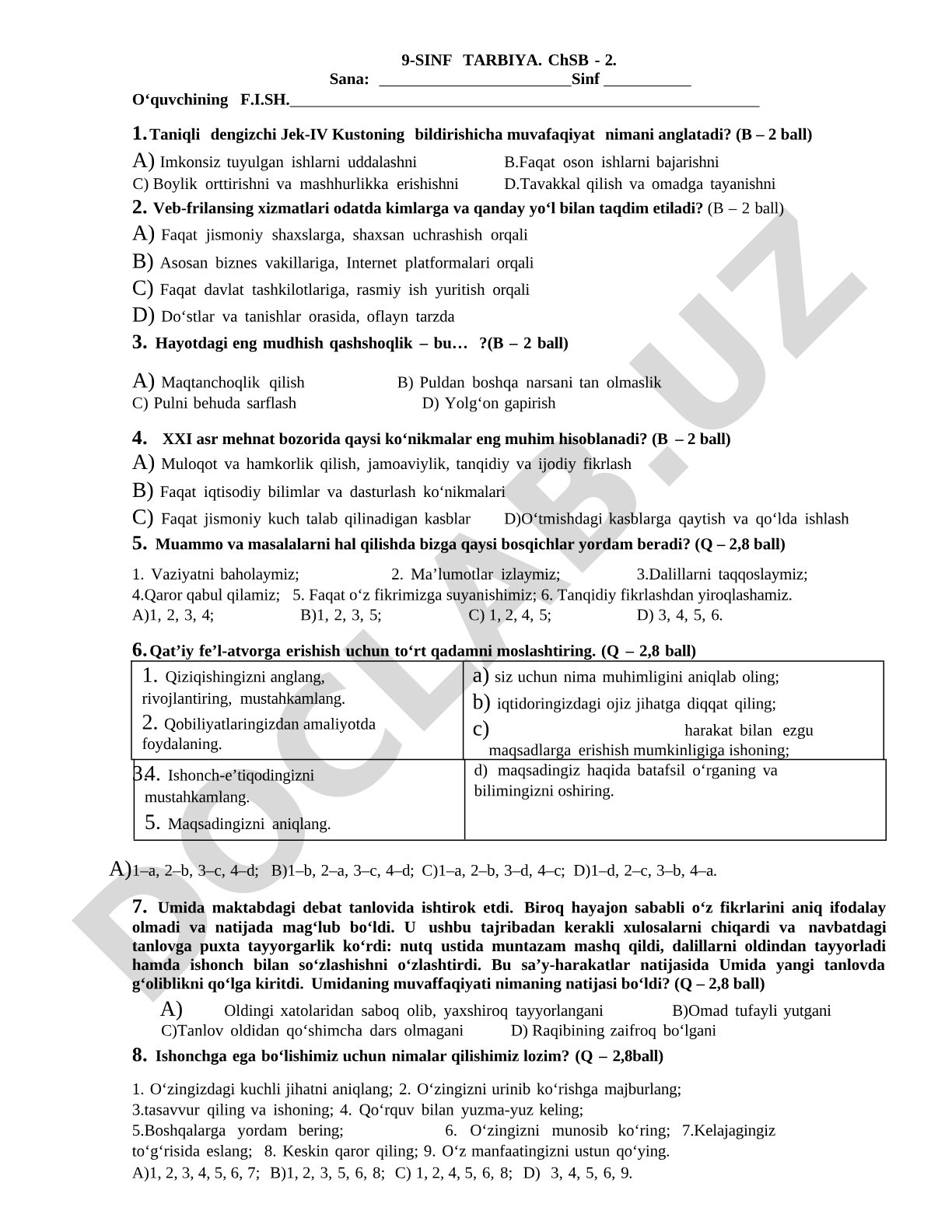 9-sinf Tarbiya fanidan ChSB-2 test savollari