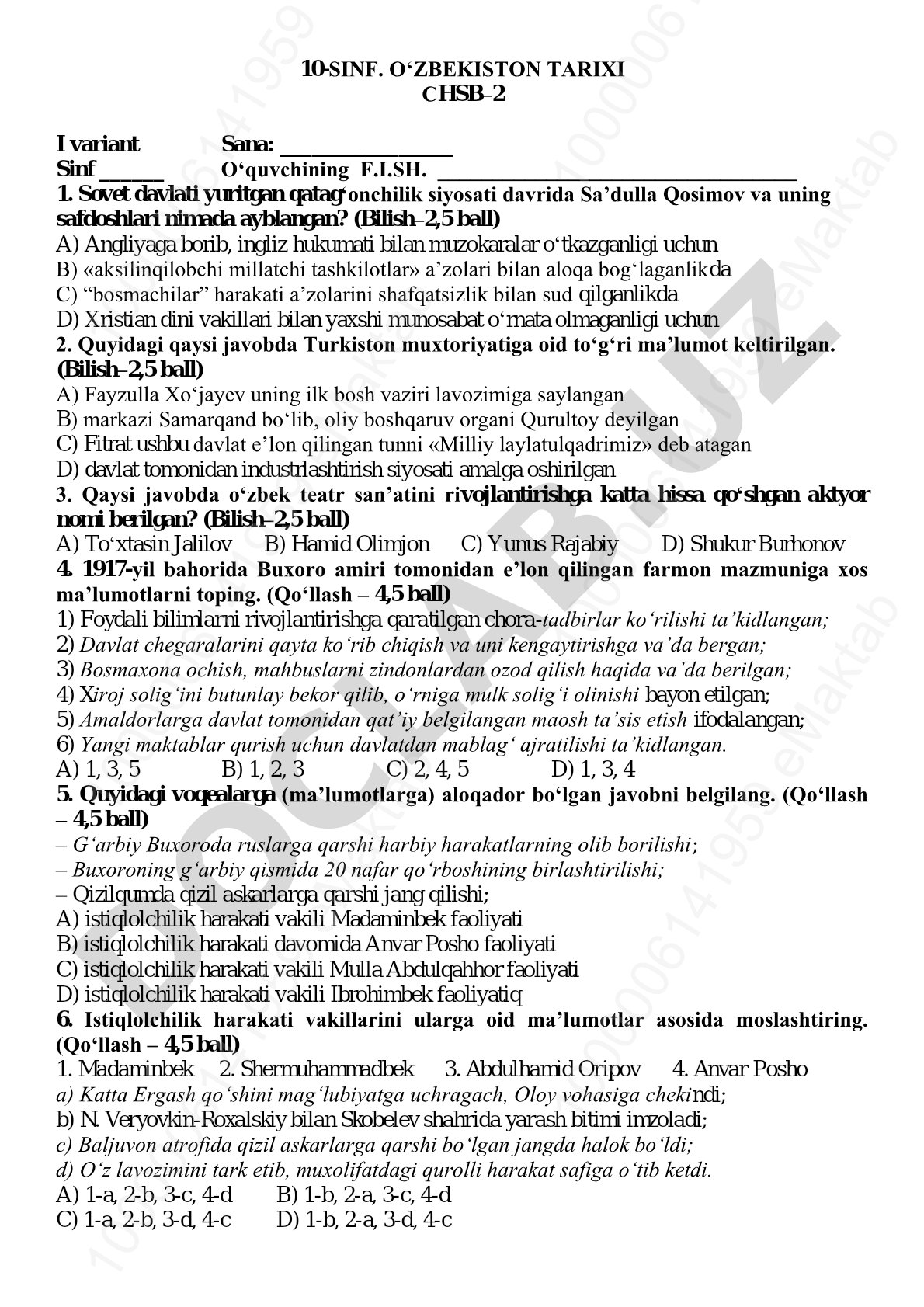 10-sinf O'zbekiston tarixi CHSB-2 I variant