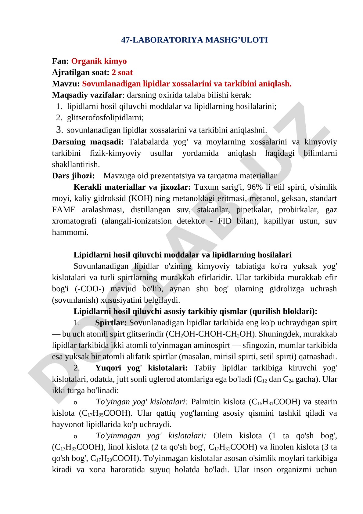 Sovunlanadigan lipidlar xossalarini va tarkibini aniqlash
