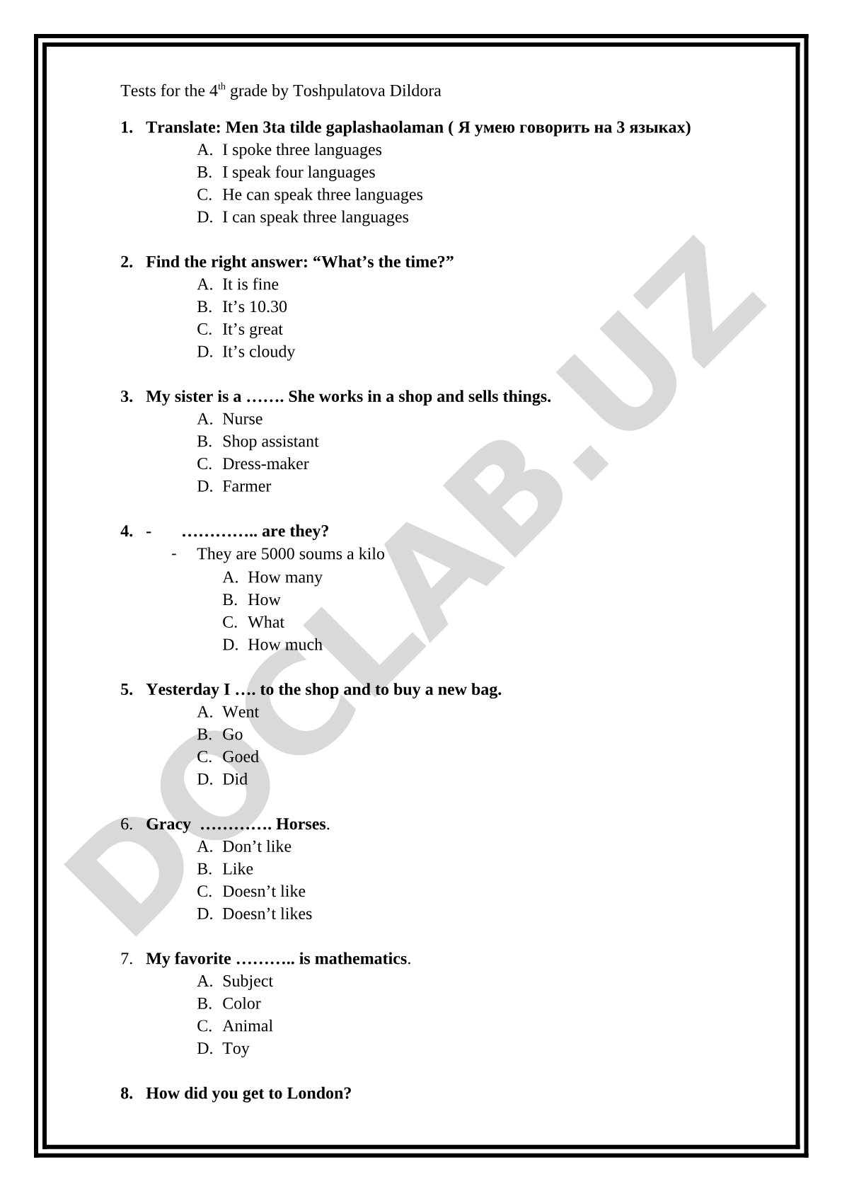 English Tests for 4th Grade
