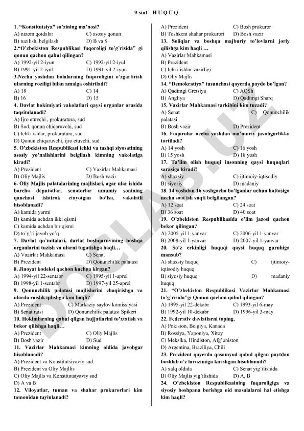 9-sinf huquq fanidan test savollari