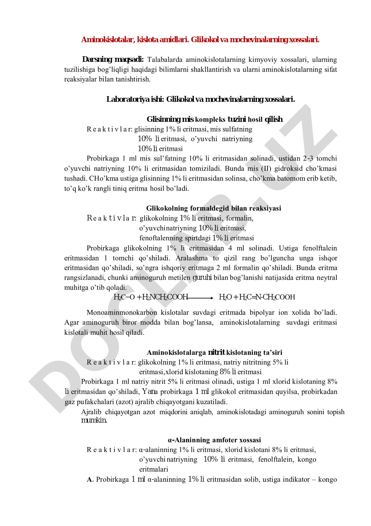 Aminokislotalar, kislota amidlari. Glikokol va mochevinalarning xossalari