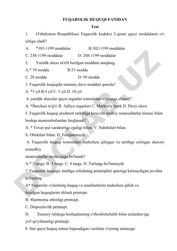 Fuqarolik huquqi fanidan test savollari