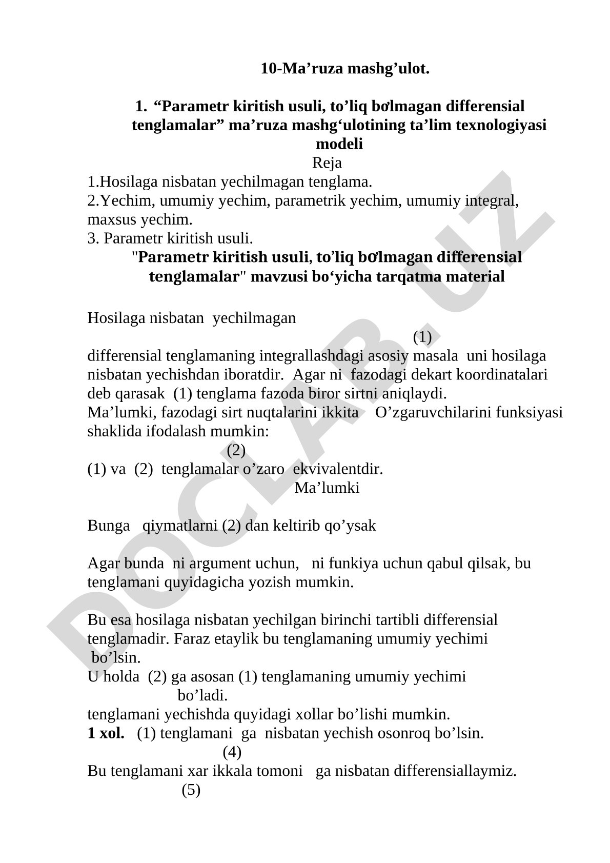 Parametr kiritish usuli, to’liq bơlmagan differensial tenglamalar