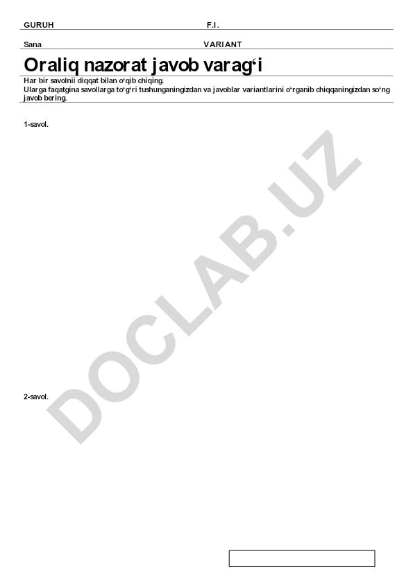 Oraliq nazorat javob varag'i