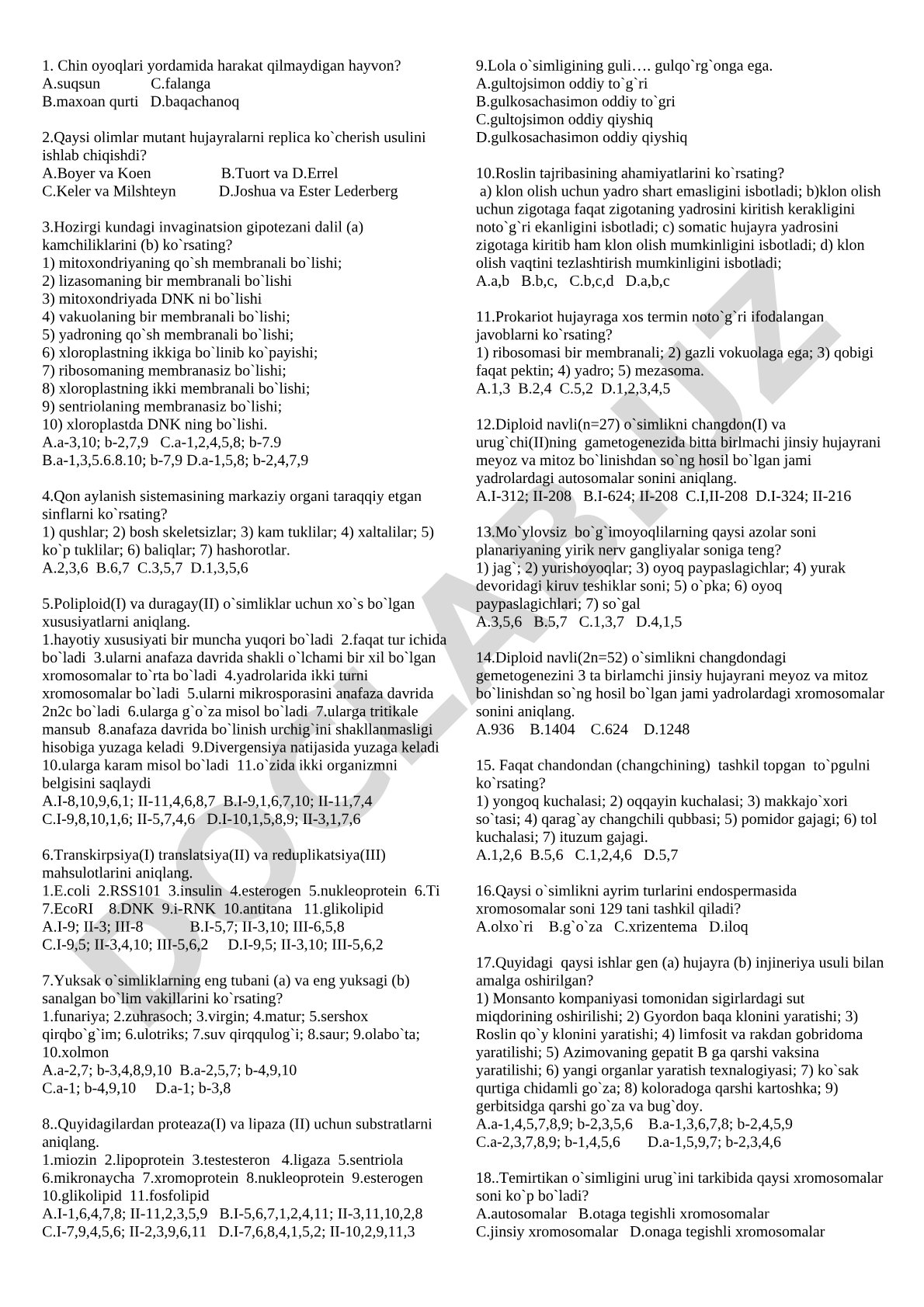Biologiya fanidan test savollari