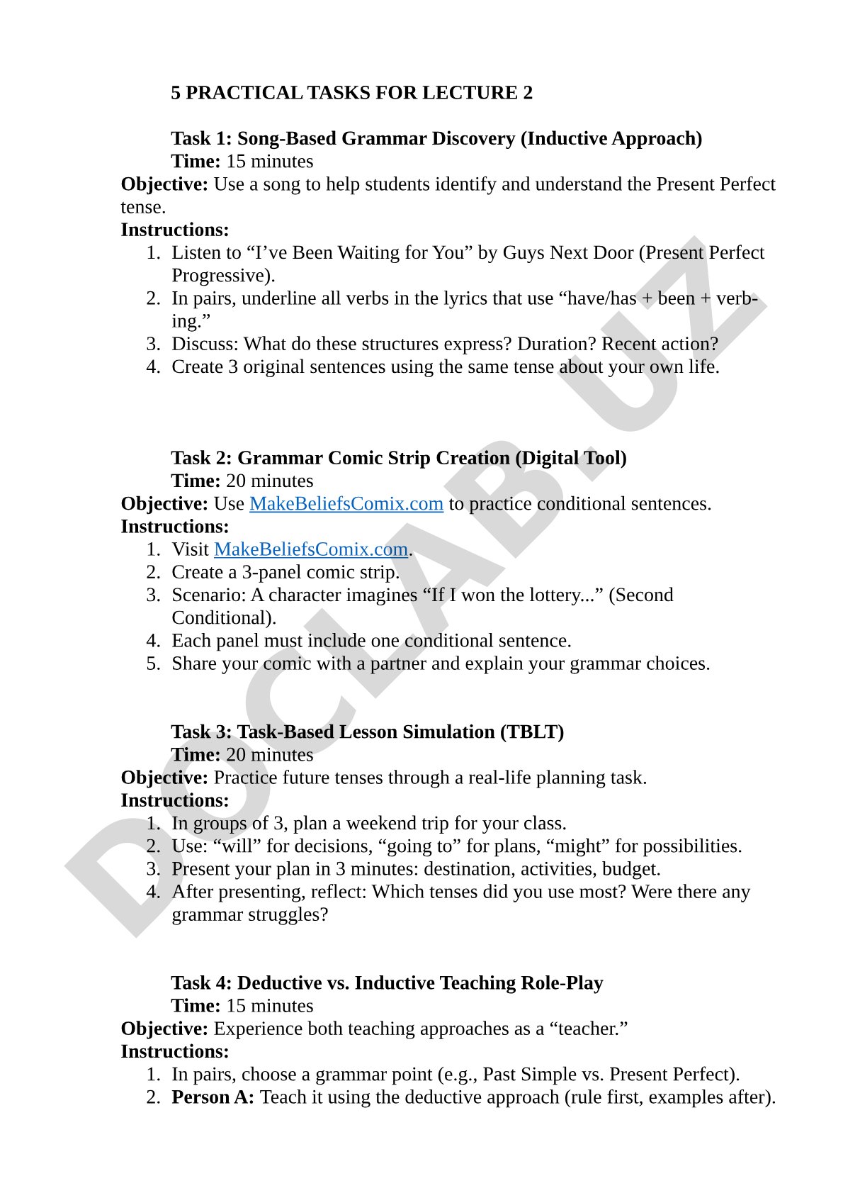 5 Practical Tasks for Lecture 2: Grammar Teaching