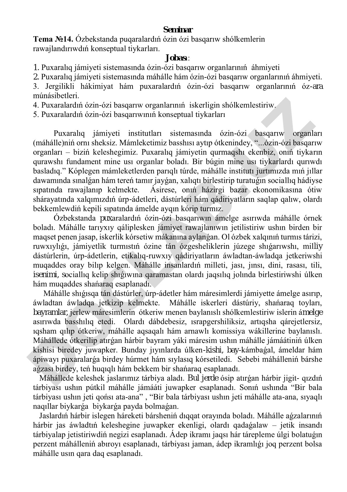 Ózbekstanda puqaralardıń ózin ózi basqarıw shólkemlerin rawajlandırıwdıń konseptual tiykarları
