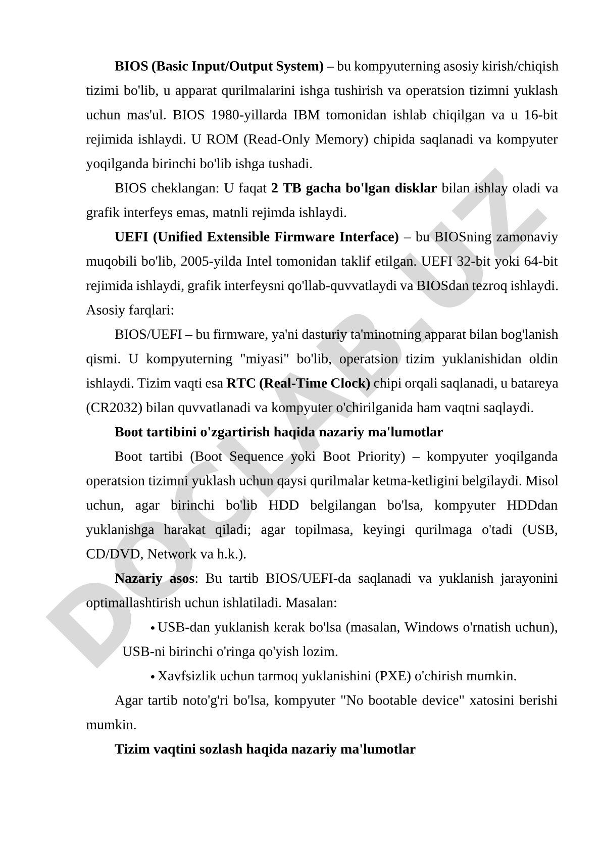 BIOS va UEFI tizimlarining ishlash prinsipi, farqlari va boot tartibi haqida ma'lumot