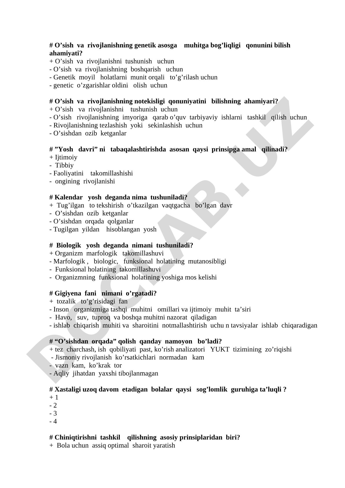 O'sish va rivojlanish, yosh davrlari va gigiyena