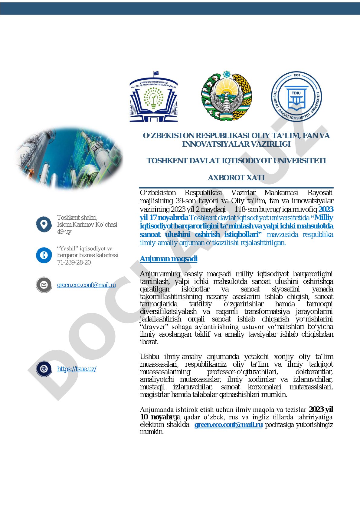 Milliy iqtisodiyot barqarorligini ta’minlash va yalpi ichki mahsulotda sanoat ulushini oshirish istiqbollari