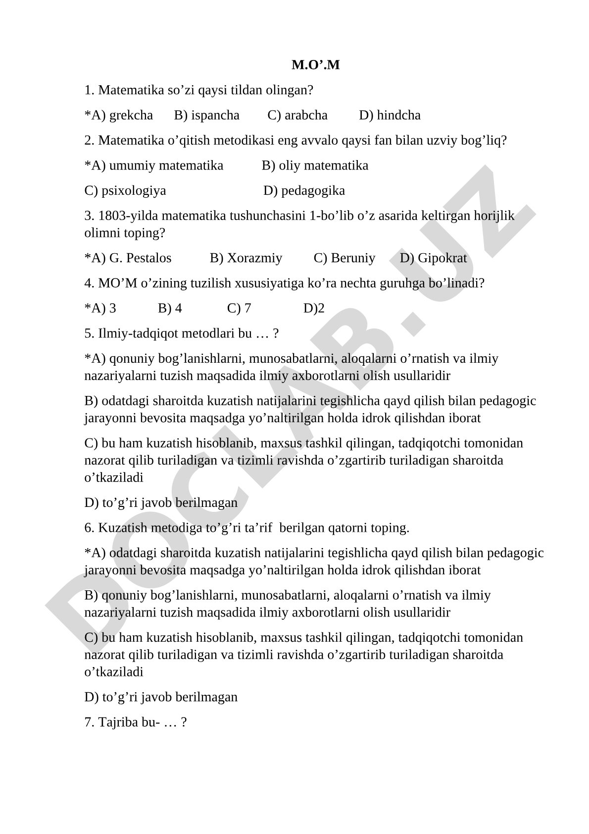 Matematika o'qitish metodikasi fanidan test savollari