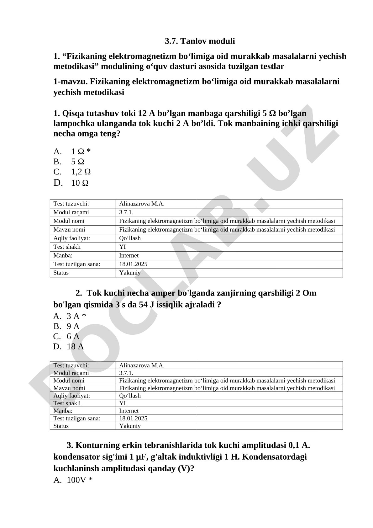 Fizikaning elektromagnetizm bo‘limiga oid murakkab masalalarni yechish metodikasi