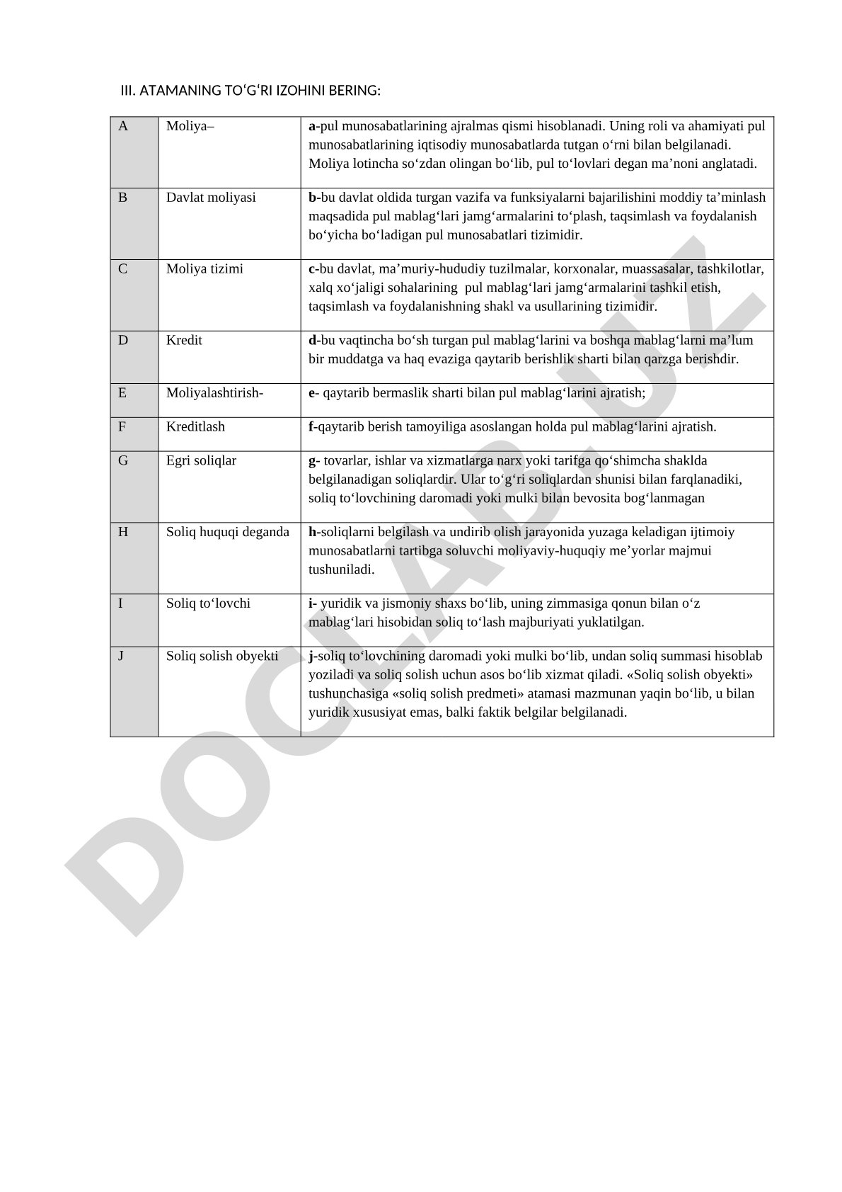 III. Atamaning to‘g‘ri izohini bering