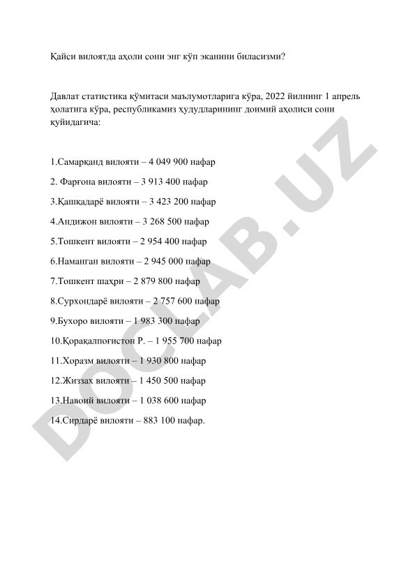 O'zbekiston viloyatlari aholisi soni 2022 yil