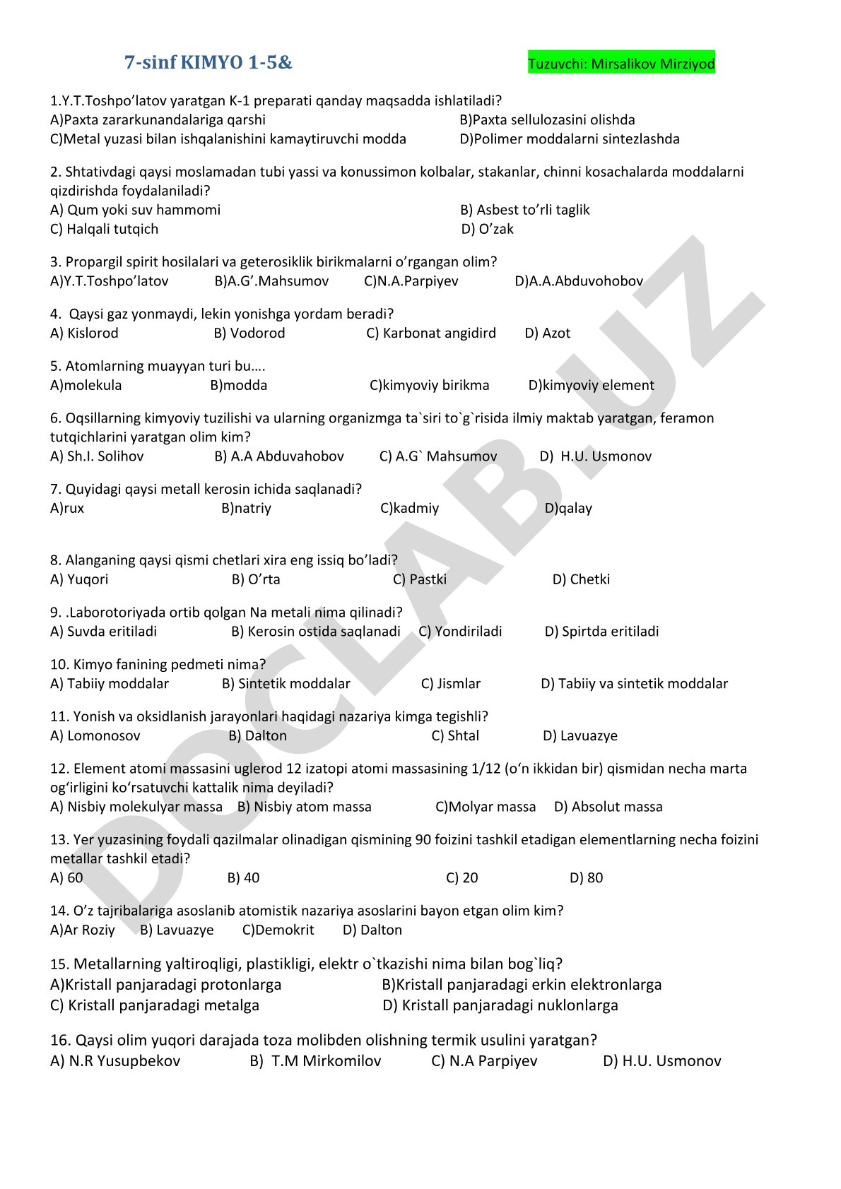 Kimyo fanidan 7-sinf test savollari