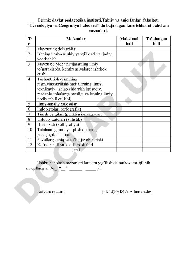 Kurs ishlarini baholash mezonlari