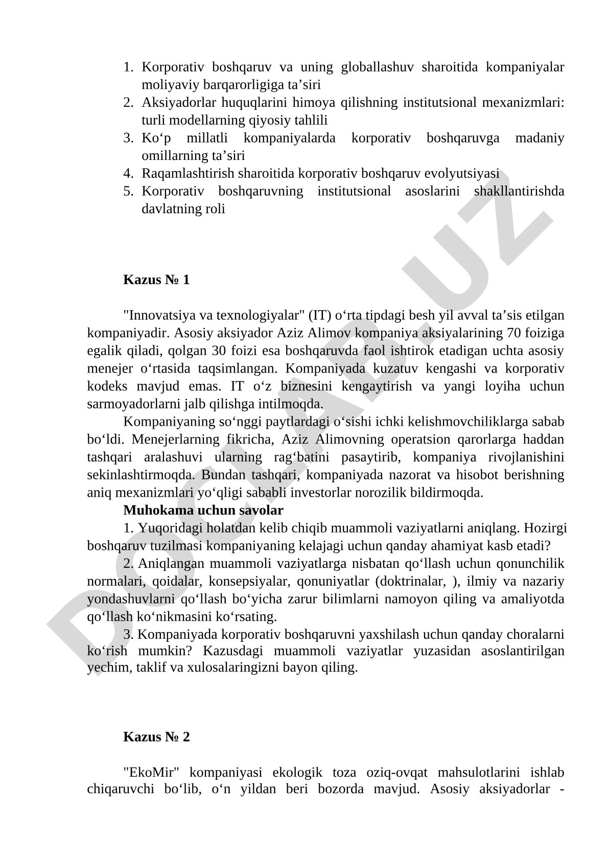 Korporativ boshqaruv modellari va amaliy kazus tahlili