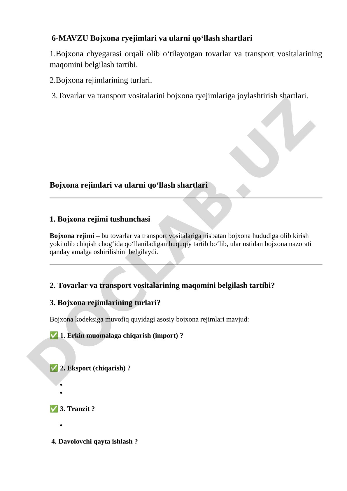 Bojxona ryejimlari va ularni qoʻllash shartlari