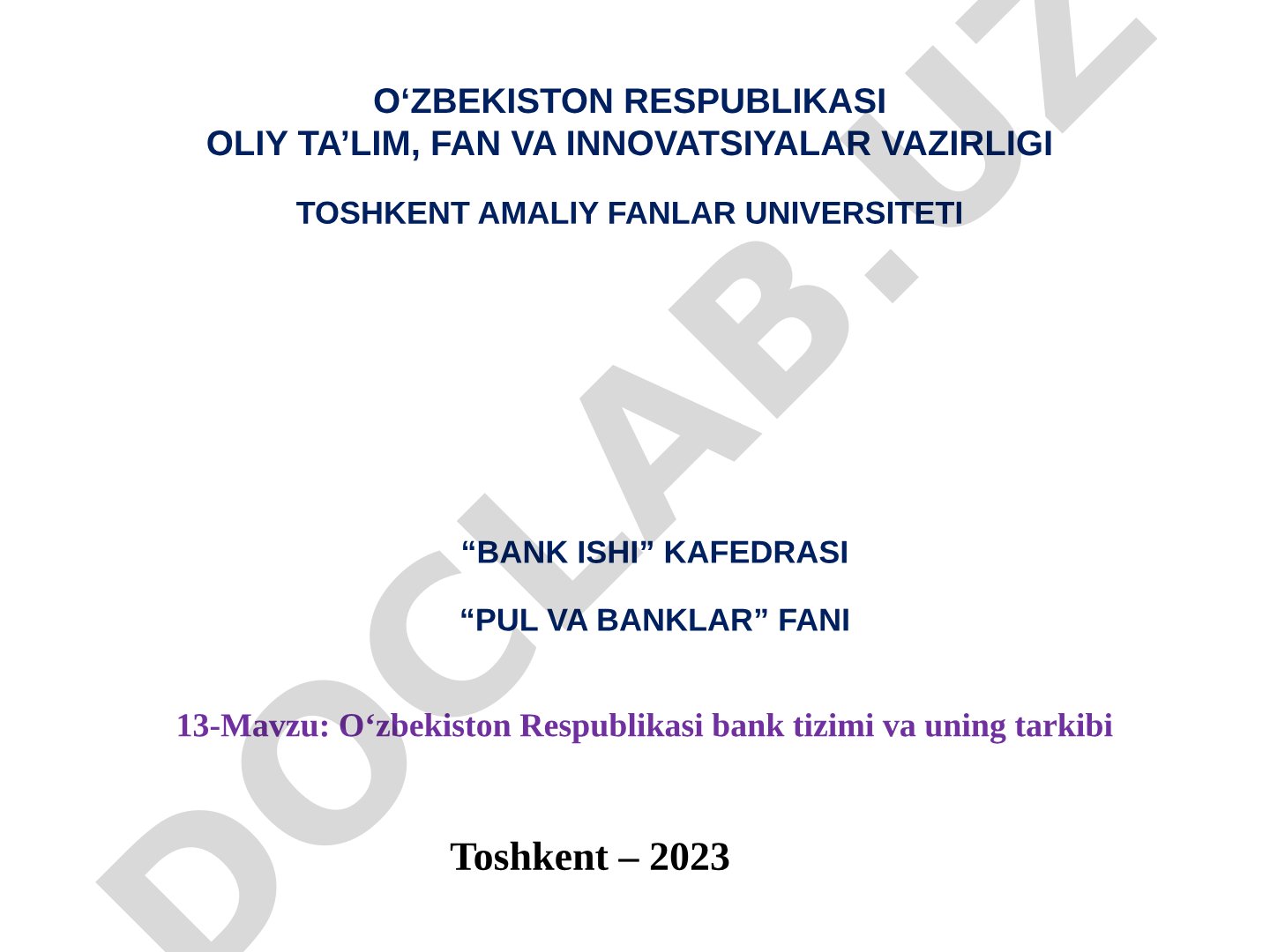 O‘zbekiston Respublikasi bank tizimi va uning tarkibi