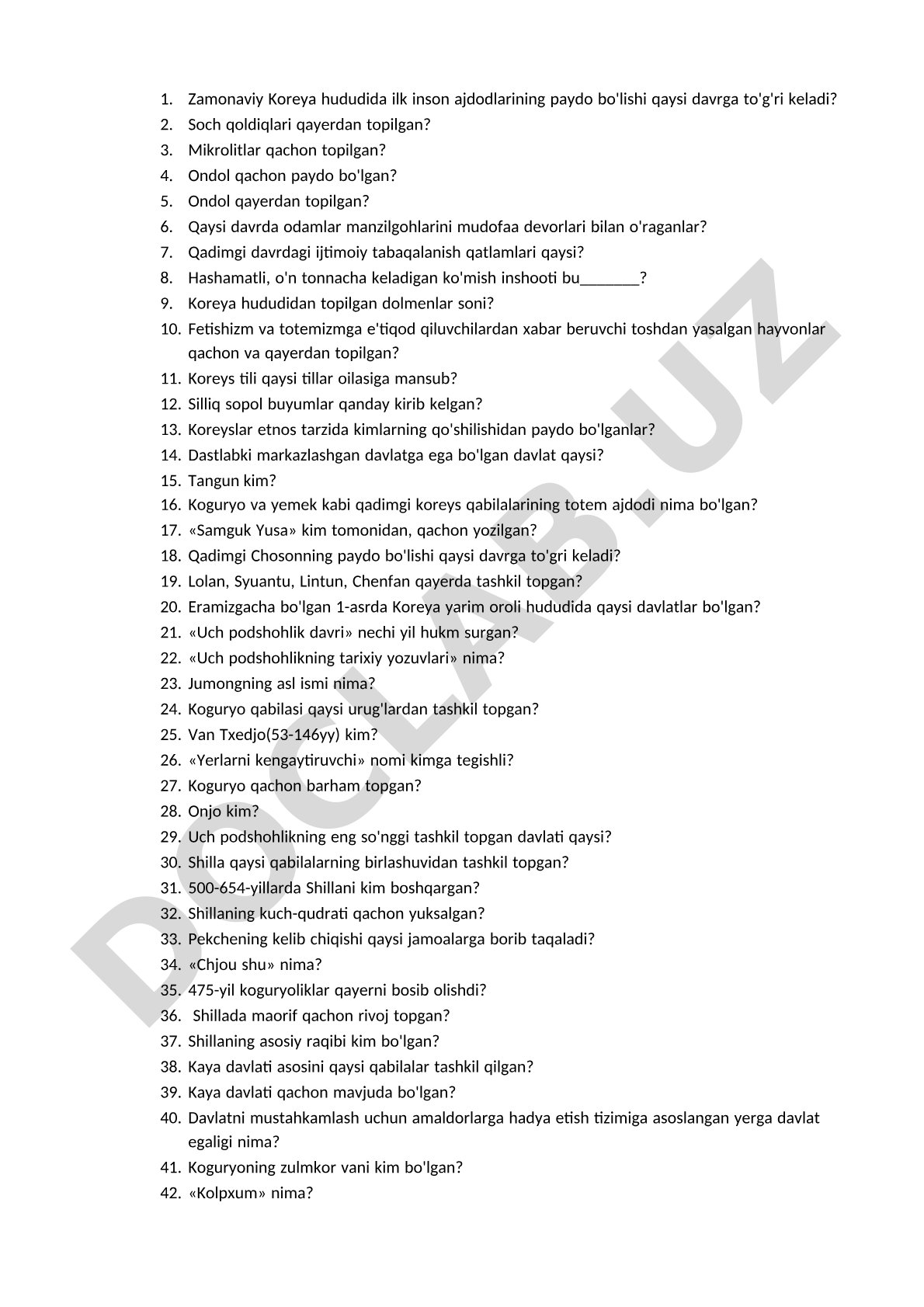 Qadimgi Koreya tarixiga oid test savollari