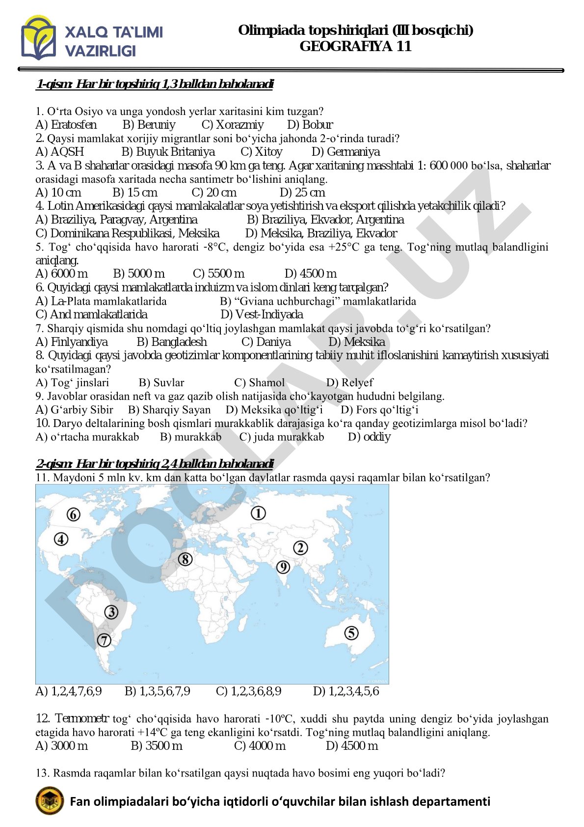 Olimpiada topshiriqlari (III bosqichi) GEOGRAFIYA 11