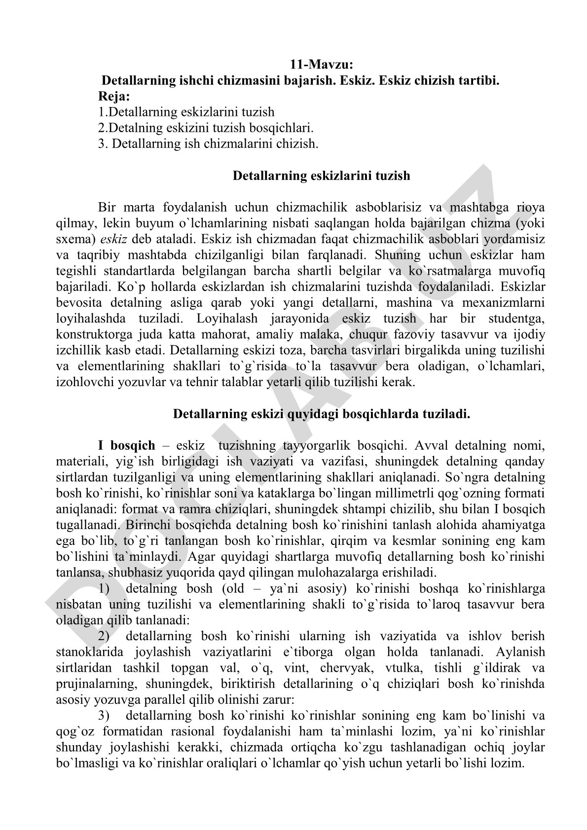 Detallarning ishchi chizmasini bajarish. Eskiz. Eskiz chizish tartibi.