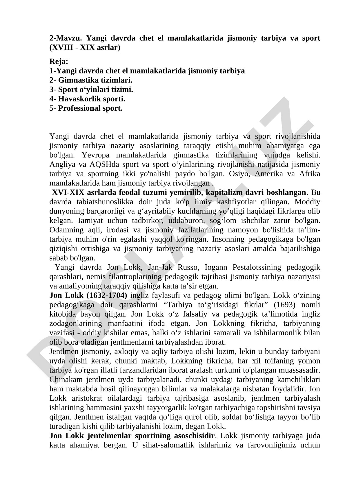 Yangi davrda chet el mamlakatlarida jismoniy tarbiya va sport (XVIII - XIX asrlar)
