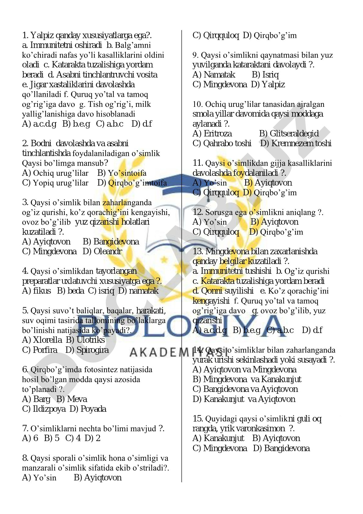 Botanika o'simliklar bo'limlari va shifobaxsh xususiyatlari testi