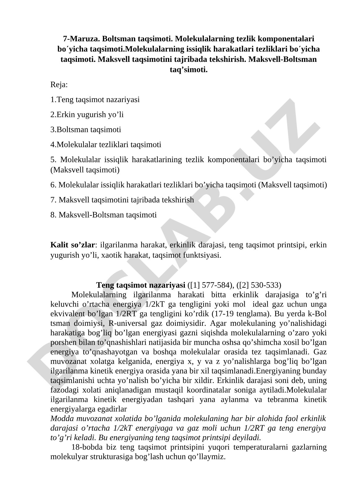 Boltsman taqsimoti. Molekulalarning tezlik komponentalari bo'yicha taqsimoti
