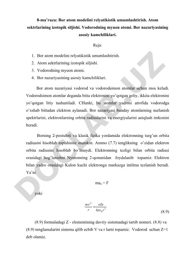 Bor atom modelini relyatikistik umumlashtirish va atom spektrlari