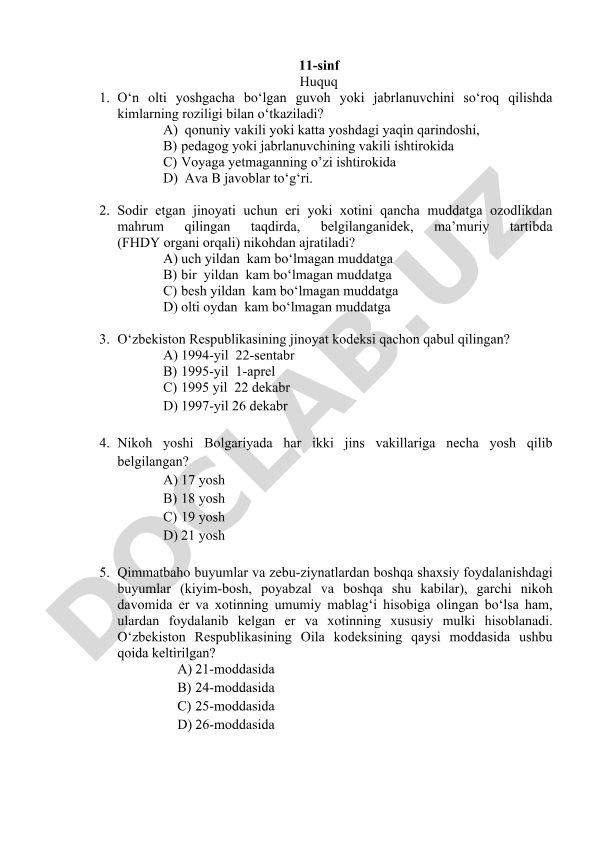 Huquq fanidan test savollari