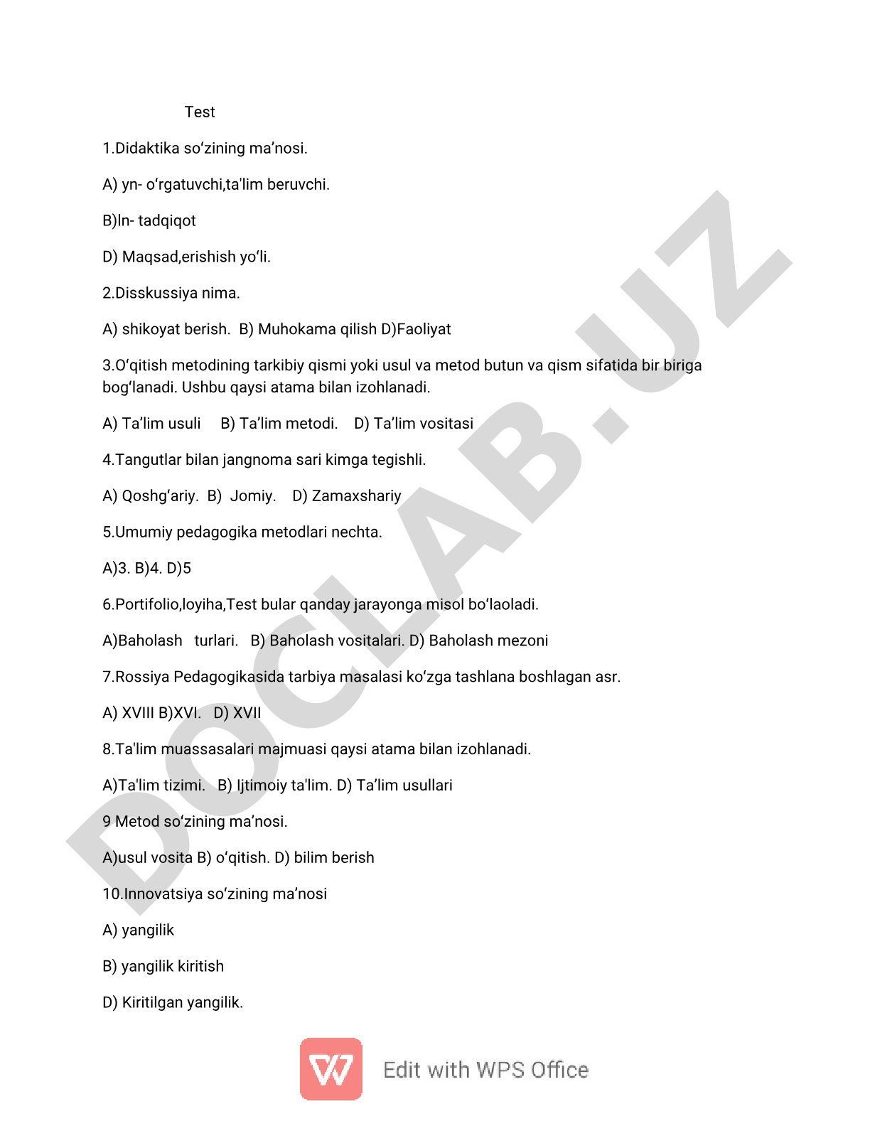 Pedagogika test savollari