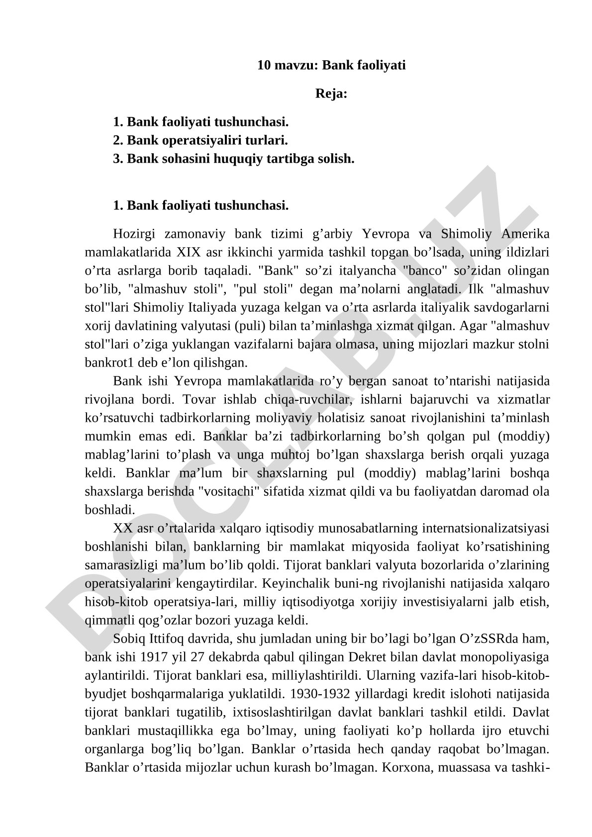 Bank faoliyati tushunchasi, operatsiyalar turlari va huquqiy tartibga solish haqida