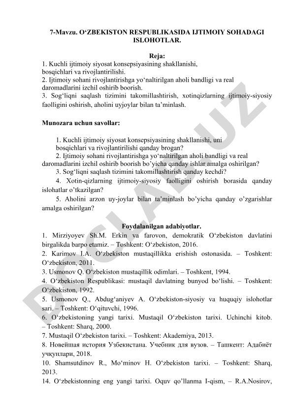O‘zbekiston Respublikasida ijtimoiy sohadagi islohotlar