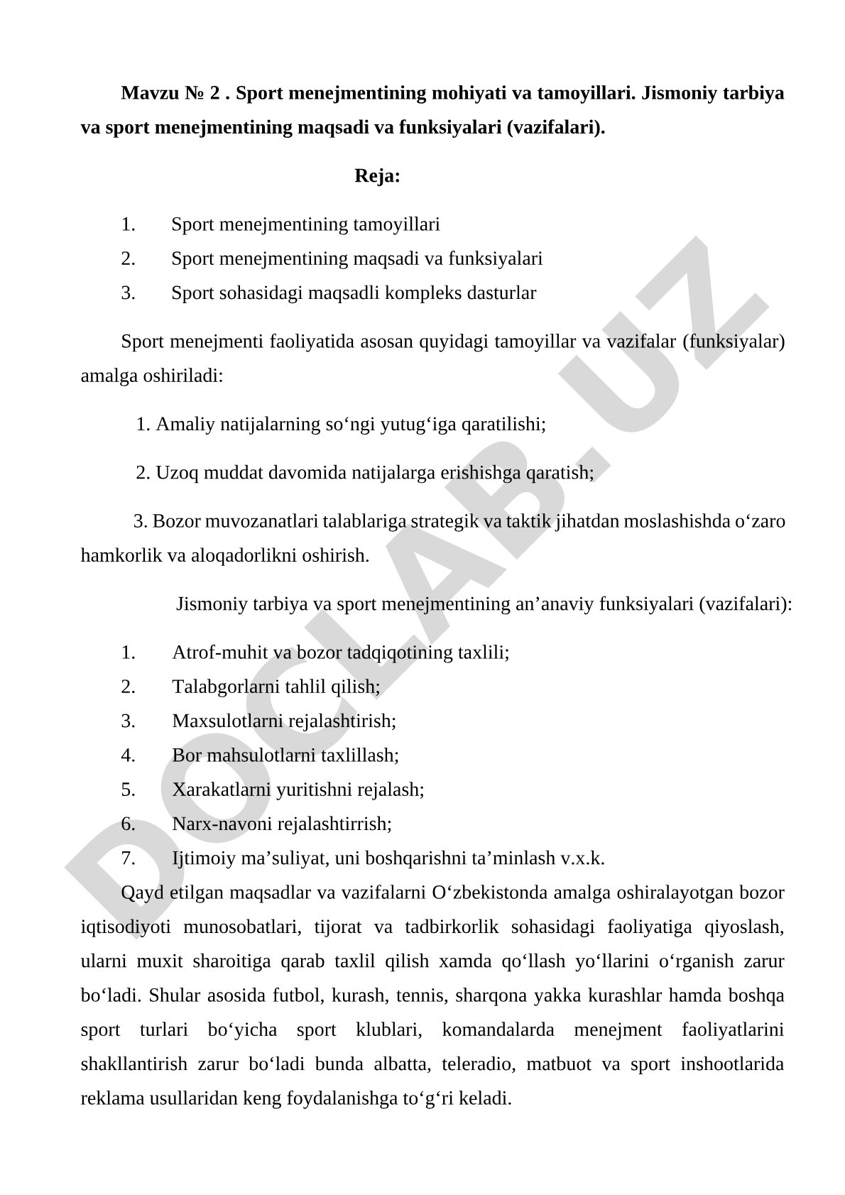Sport menejmentining mohiyati va tamoyillari