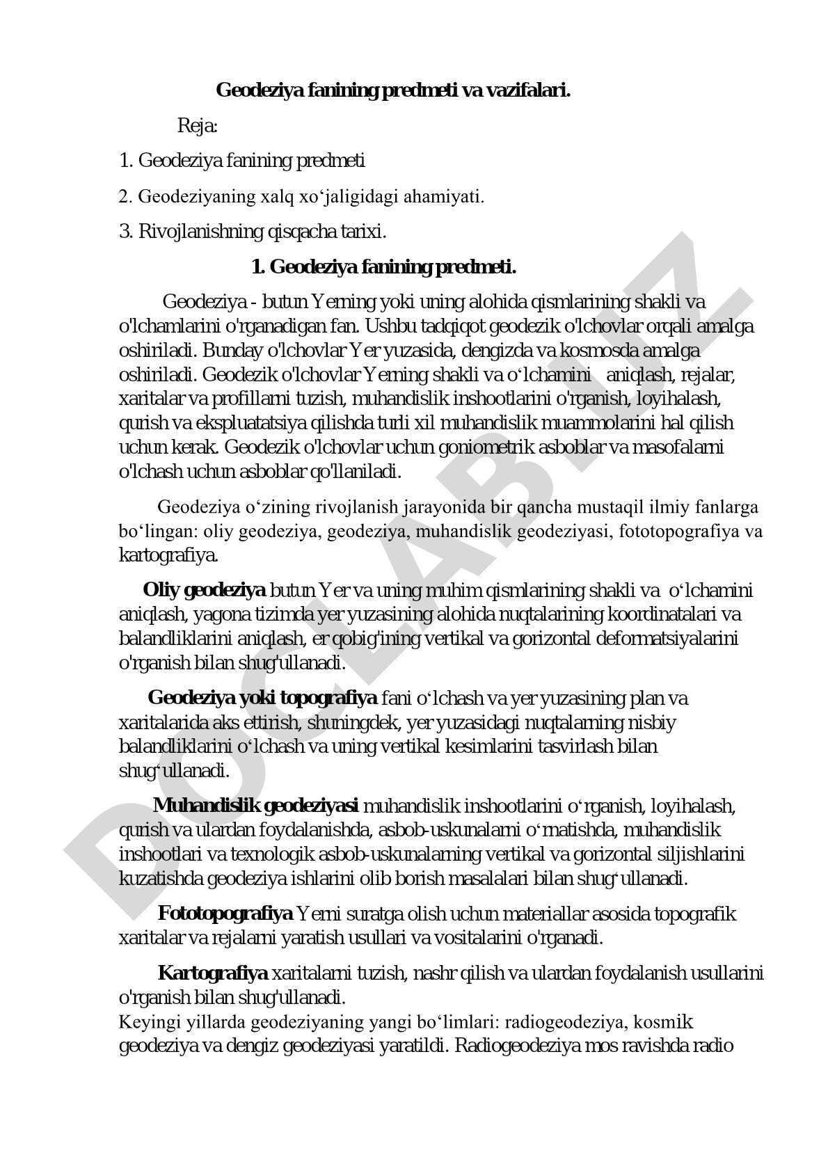 Geodeziya fanining predmeti va vazifalari