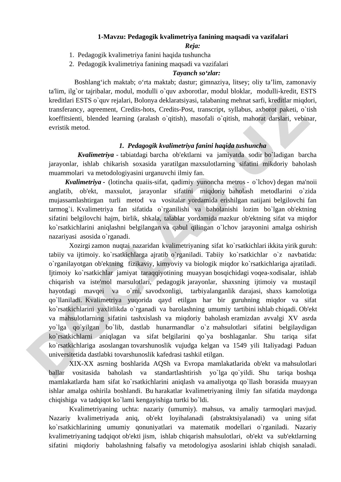 Pedagogik kvalimetriya fanining maqsadi va vazifalari