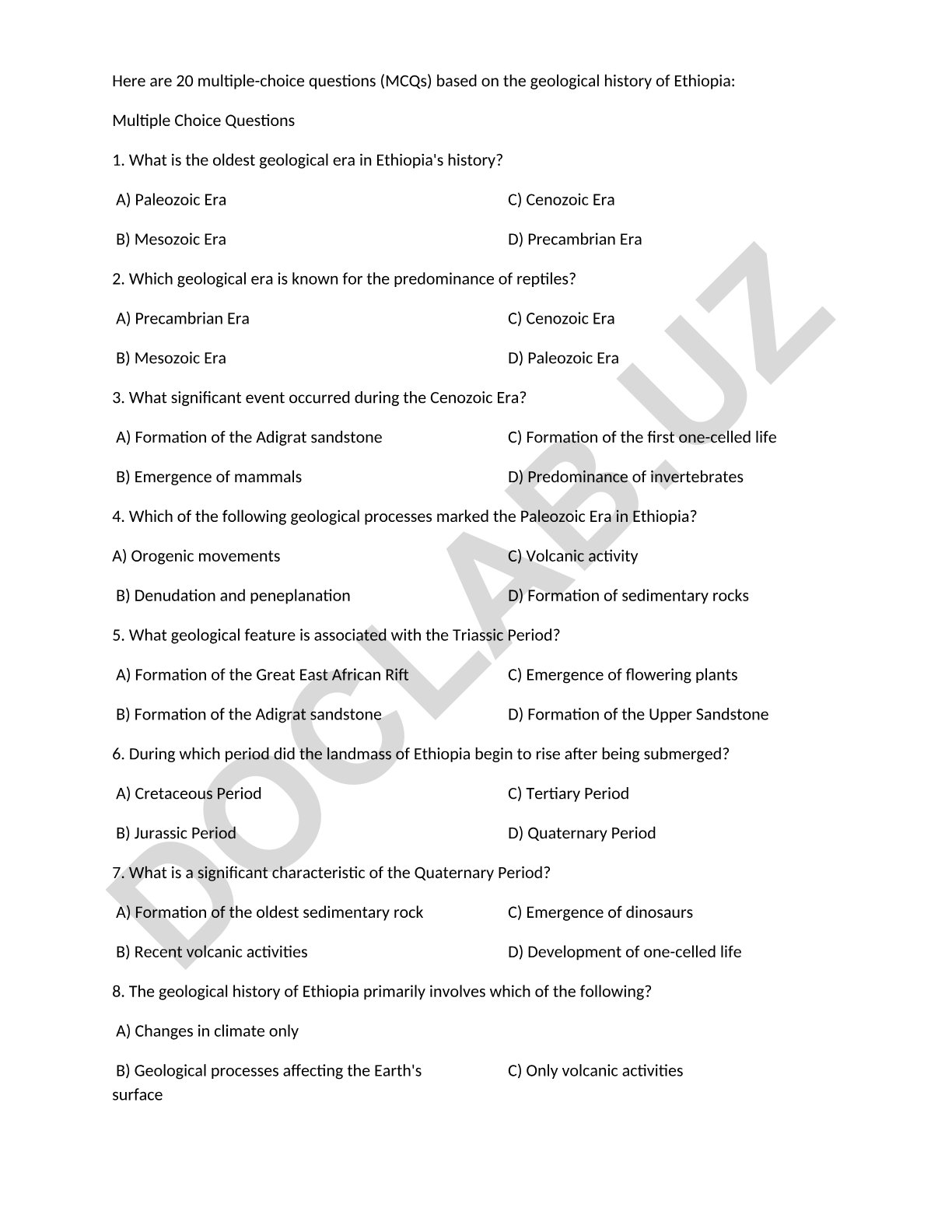 Efiopiyaning geologik tarixi bo'yicha test savollari