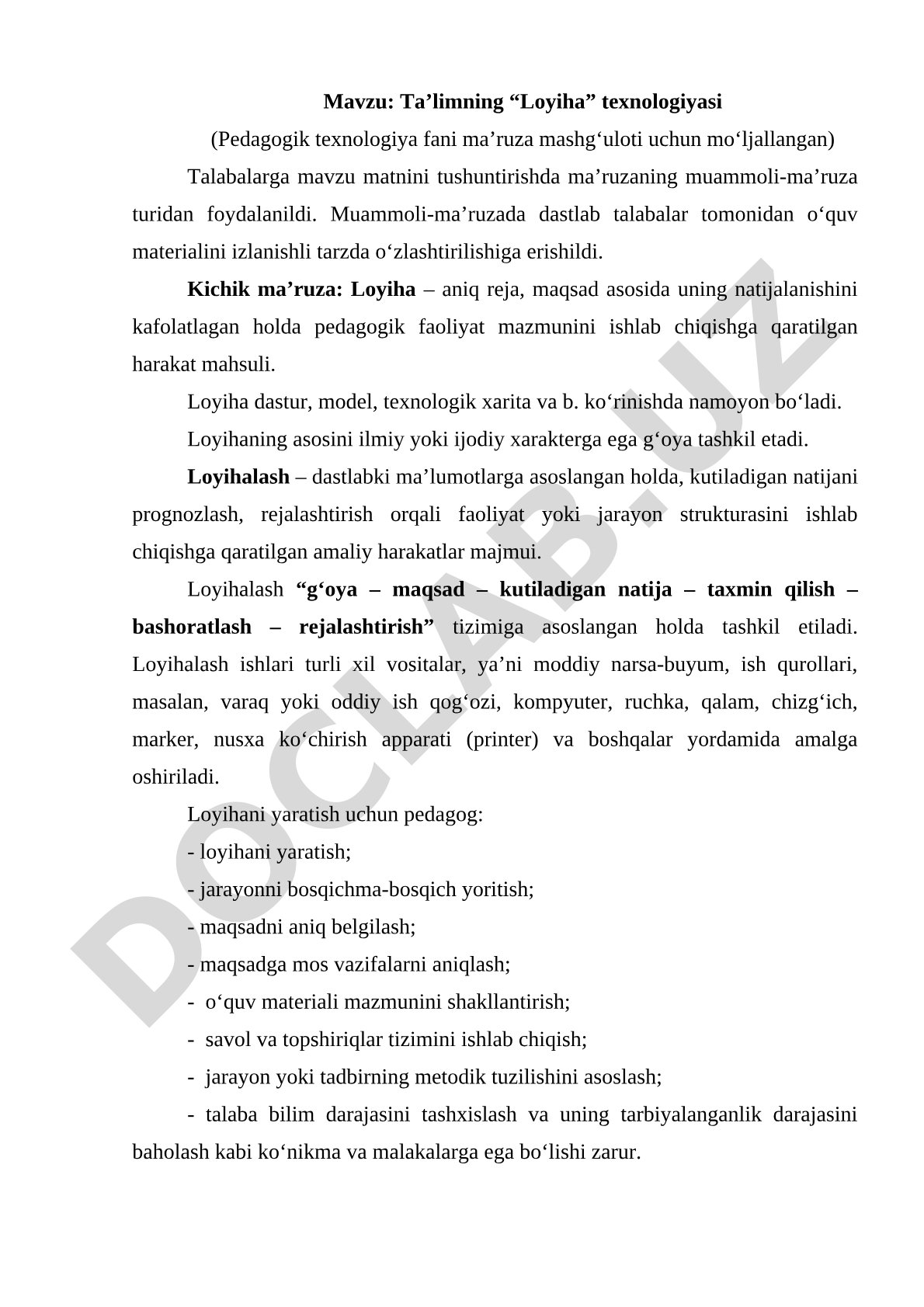 Ta’limning “Loyiha” texnologiyasi