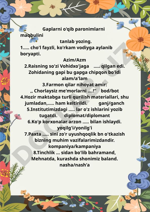 O'zbek tilida paronimlarni tanlash mashqlari