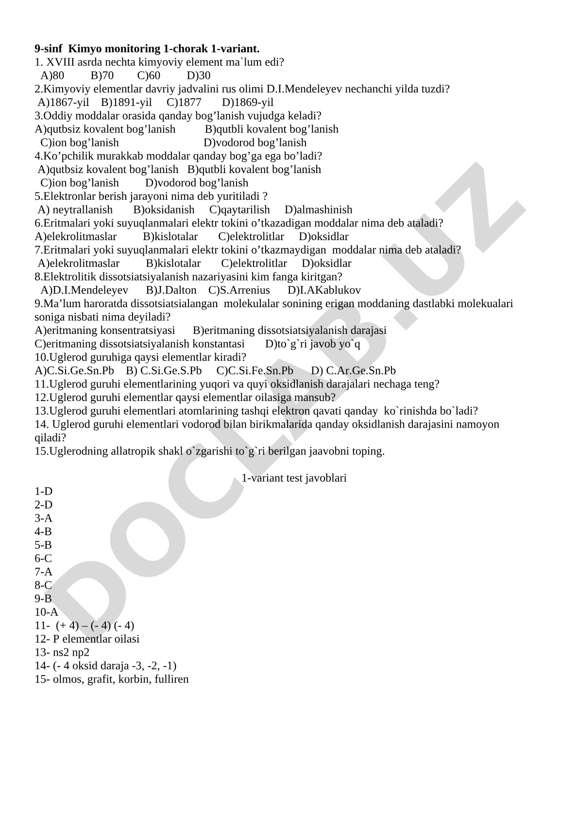 9-sinf Kimyo monitoring 1-chorak 1-variant