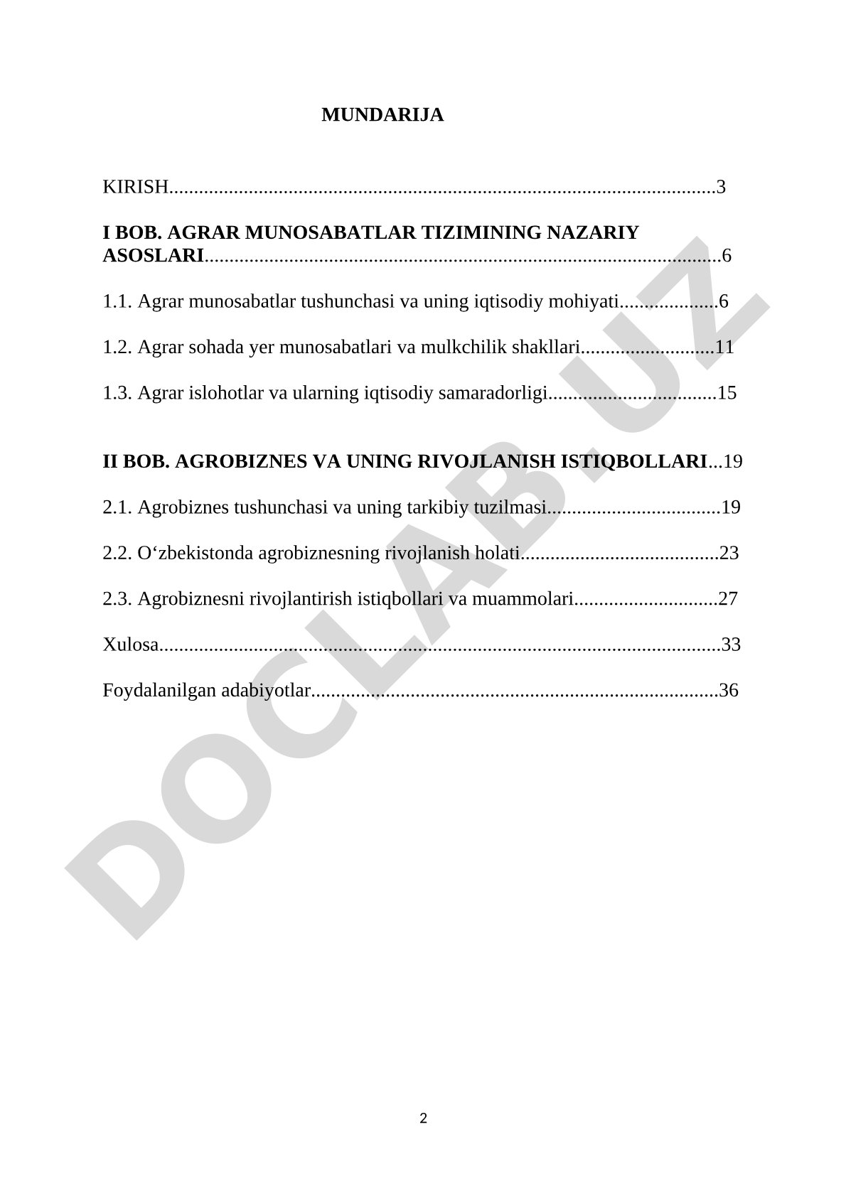 Agrar munosabatlar tizimi va agrobiznesning rivojlanish istiqbollari