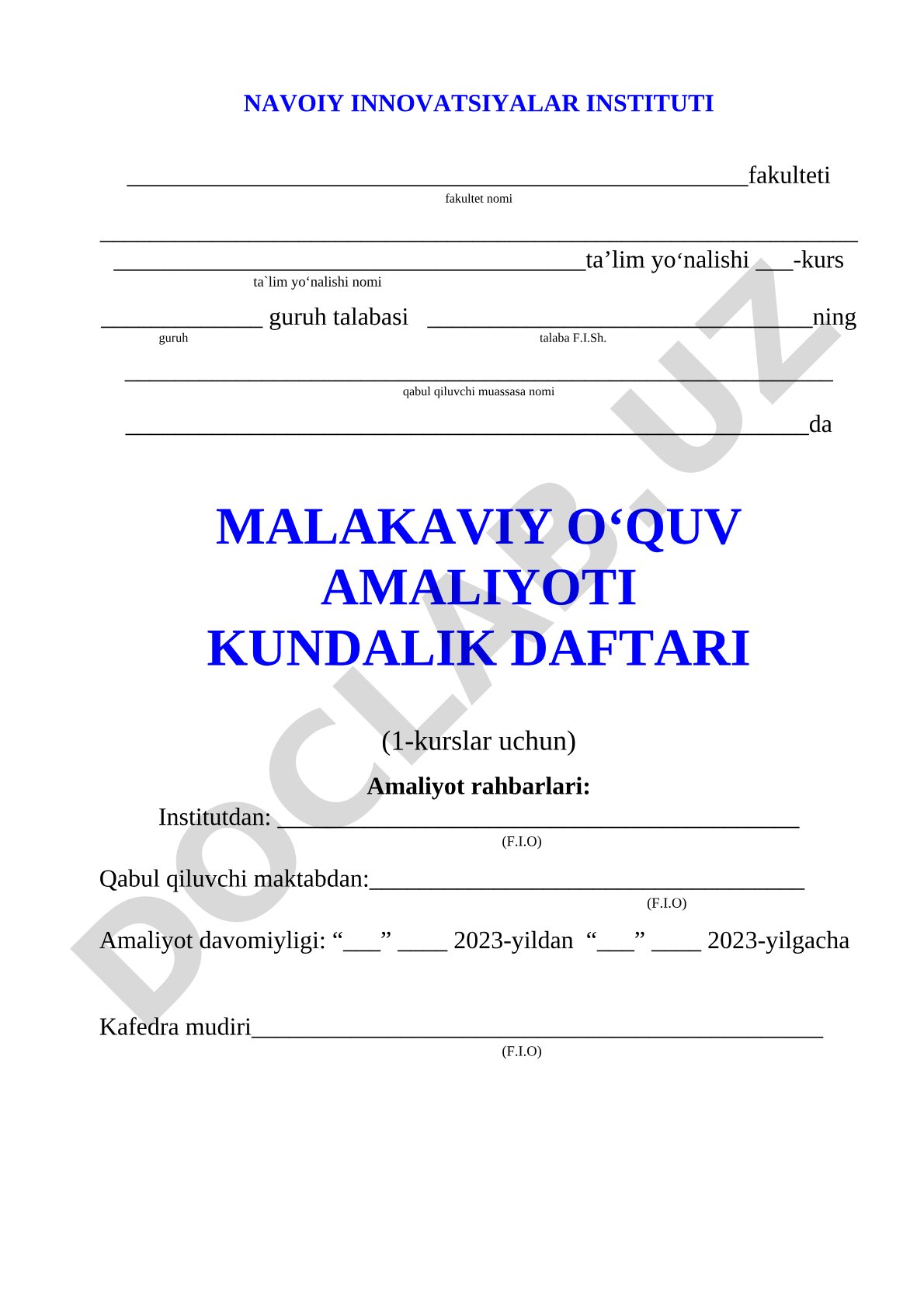 Malakaviy o'quv amaliyoti kundalik daftari