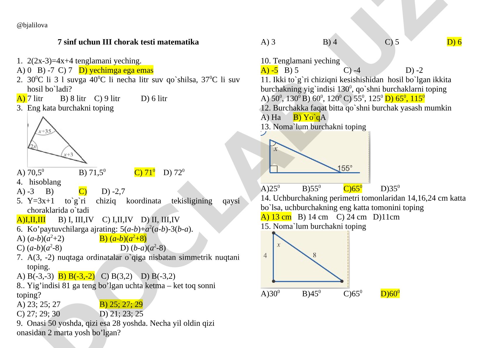 7 sinf uchun III chorak testi matematika