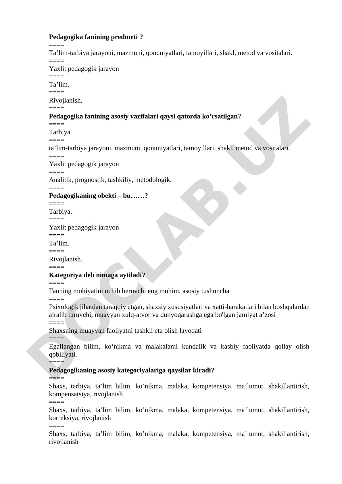Pedagogika fanining predmeti, vazifalari va asosiy kategoriyalari