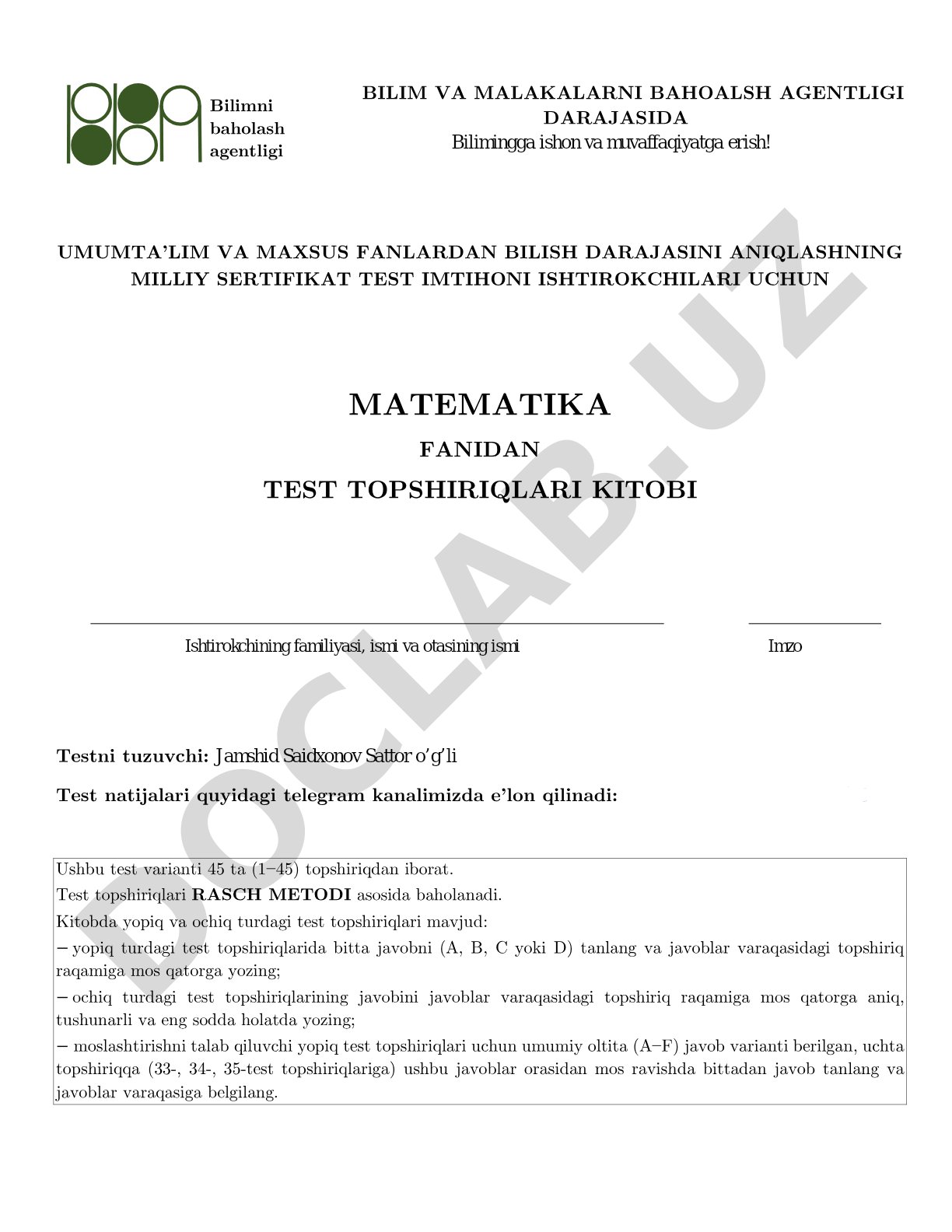 Matematika fanidan milliy sertifikat test topshiriqlari